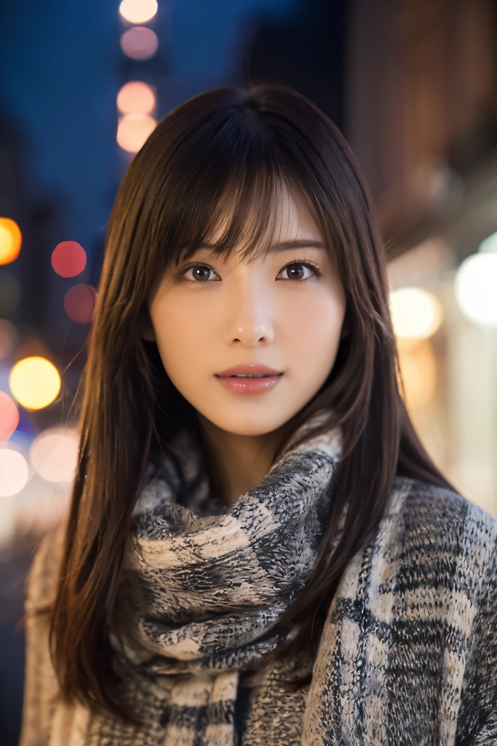 1girl in, (Wear winter clothes:1.2), 
(Raw photo, Best Quality), (Realistic, Photorealsitic:1.4), masutepiece, 
Extremely delicate and beautiful, Extremely detailed, 2k wallpaper, amazing, finely detail, 
the Extremely Detailed CG Unity 8K Wallpapers, Ultra-detailed, hight resolution, Soft light, 
Beautiful detailed girl, extremely detailed eye and face, beautiful detailed nose, Beautiful detailed eyes, Cinematic lighting, 
Winter Night View, Roppongi Hills street trees with lots of illuminations, It's snowing,
Perfect Anatomy, Slender body,
Straight semi-long hair, Bangs, Looking at Viewer, A slight smil
