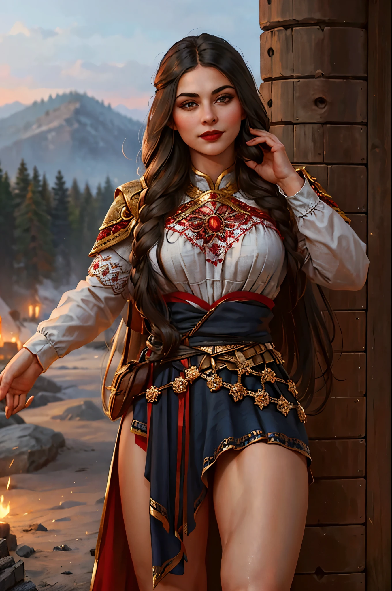 ((Masterpiece)),((Best Quality)),((high detail)),((Realistic,)), Perfect composition, incredibly beautiful Slavic pagan, (30 years), female hero, woman from Slavic fairy tales, Russian epics, Slavic warrior in expensive iron armor, athletic build, Русская female hero, ((a 1girl, 独奏)), (a 1girl тридцати лет в дорогой воинской броне славян), very long black hair, gray eyes, Lots of makeup, red lipstick, A big smile, (hands on thighs), the night,