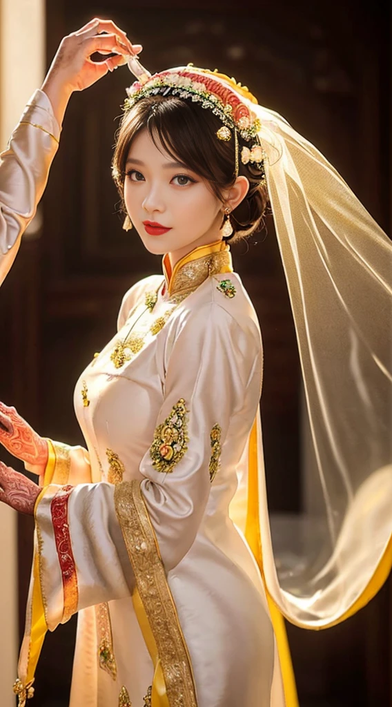 1 single woman, 27 years old, 1 เทพธิดาจักรzodiacจากอนาคต, Goddess wearing a bridal gown, 21st century traditional ao dai and turban style, 12 pink and purple zodiac, The goddess wears a white robe, Red and yellow silk pants, Long tight red and white dress, Aodai thin cloth, Wear long dresses that cover your arms., the legend of 12 zodiac from the future, zodiac, design 12 zodiac sparkly, Elegant and mysterious dark version, A turban with an intricate pattern., เทพีแห่งจักรzodiac turban, 1 Piece Compact Bridal Headdress for Women, ((1 piece of bridal headdress is made to order.) Meticulous and detailed design: 1.8)), Red lips, Thin and beautiful lips, Charming smile, Beauty in detail, detailed background, Super Detailed, Magic Light, beautiful light effects, Sculpt a clear face, long flat hair, Exquisite Face, Meticulous and balanced, (Clear yellow eyes: 1.8), large round eyes and very beautiful and meticulous makeup, Have a vision, Wear silk clothes for a long time, Mystical makeup, Beside the bangs and dye them light blonde., large, Normal breasts, large butt, flat stomach, perfect body curves, Top half image, เทพีแห่งจักรzodiac, Drooping arms , Realistic and vivid, (ดวงดาวที่ประกอบเป็นzodiac: 1.7), (sky) of the bad zodiac texture: 1.8), Fictional photos, RAW photo, Photos of Ao Dai, Vietnam, The most beautiful photos, 10, best quality 10 photos, surreal, most realistic,