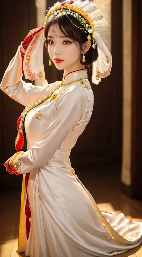 1 single woman, 27 years old, 1 เทพธิดาจักรzodiacจากอนาคต, Goddess wearing a bridal gown, 21st century traditional ao dai and turban style, 12 pink and purple zodiac, The goddess wears a white robe, Red and yellow silk pants, Long tight red and white dress, Aodai thin cloth, Wear long dresses that cover your arms., the legend of 12 zodiac from the future, zodiac, design 12 zodiac sparkly, Elegant and mysterious dark version, A turban with an intricate pattern., เทพีแห่งจักรzodiac turban, 1 Piece Compact Bridal Headdress for Women, ((1 piece of bridal headdress is made to order.) Meticulous and detailed design: 1.8)), Red lips, Thin and beautiful lips, Charming smile, Beauty in detail, detailed background, Super Detailed, Magic Light, beautiful light effects, Sculpt a clear face, long flat hair, Exquisite Face, Meticulous and balanced, (Clear yellow eyes: 1.8), large round eyes and very beautiful and meticulous makeup, Have a vision, Wear silk clothes for a long time, Mystical makeup, Beside the bangs and dye them light blonde., large, Normal breasts, large butt, flat stomach, perfect body curves, Top half image, เทพีแห่งจักรzodiac, Drooping arms , Realistic and vivid, (ดวงดาวที่ประกอบเป็นzodiac: 1.7), (sky) of the bad zodiac texture: 1.8), Fictional photos, RAW photo, Photos of Ao Dai, Vietnam, The most beautiful photos, 10, best quality 10 photos, surreal, most realistic,