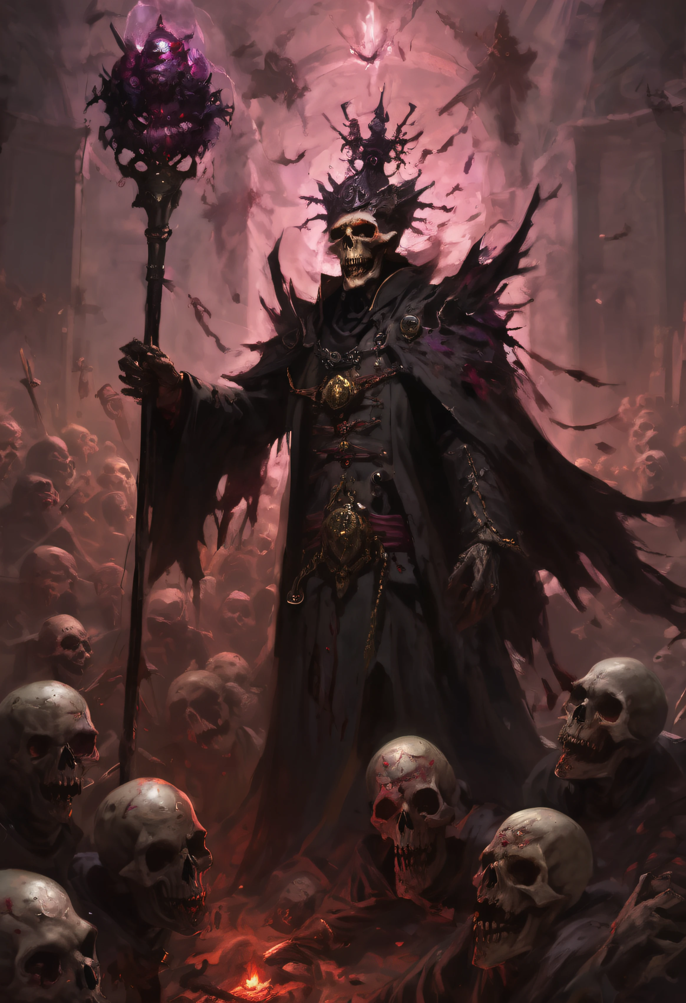 A necromancer with the power to control swarms of undead creatures. The Carrion King raises armies of zombies, skeletons, and other macabre entities to do their bidding, spreading fear and death wherever they go.