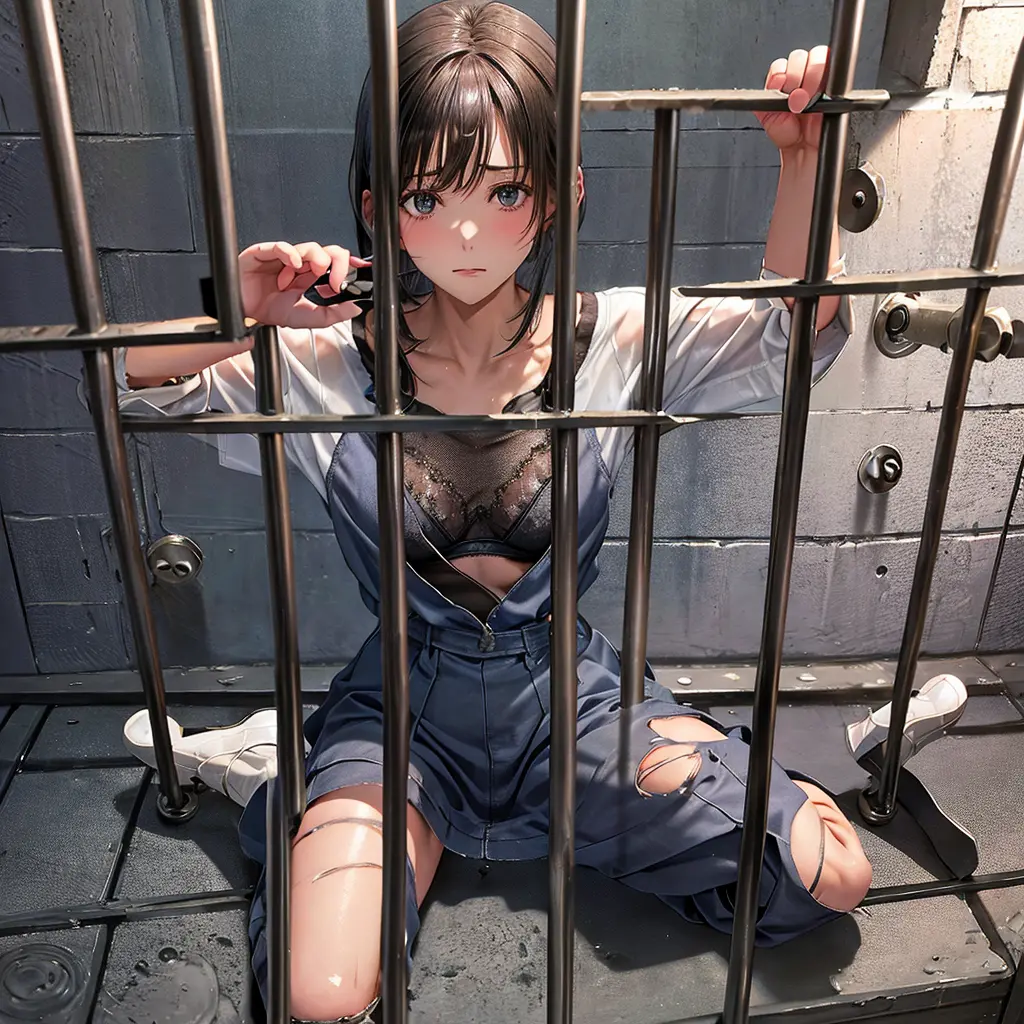 Woman sitting on the floor of a prison cell,Kidnapped、 Bind、Arms tied behind the back、M-shaped legs、sitting in a prison, in a pr...
