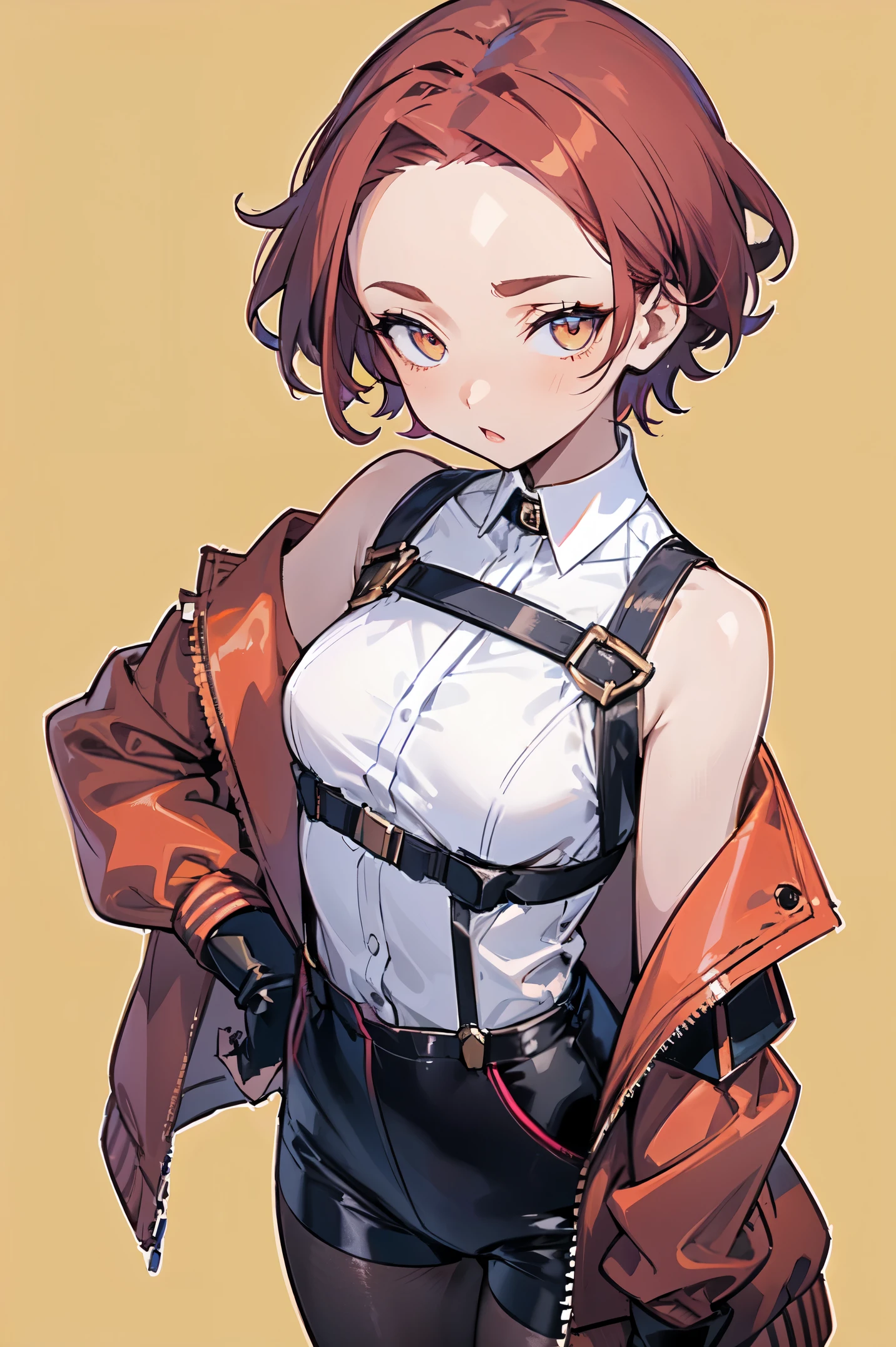 1girl, young woman, solo, short hair, Small  hair, (forehead:1.2), yellow eyes, sharp ocular posture, (scarlet red hair), light brown skin tone, Athletic, muscular, medium breasts, (cropped jacket, black jacket), white shirt, collared shirt, (chest harness, shoulder strap:1.15), black leather shorts, pantyhose 7/8, garter belt, gloves, elegant, looking at viewer, standing, mustard color background, masterpiece, best quality, 4k