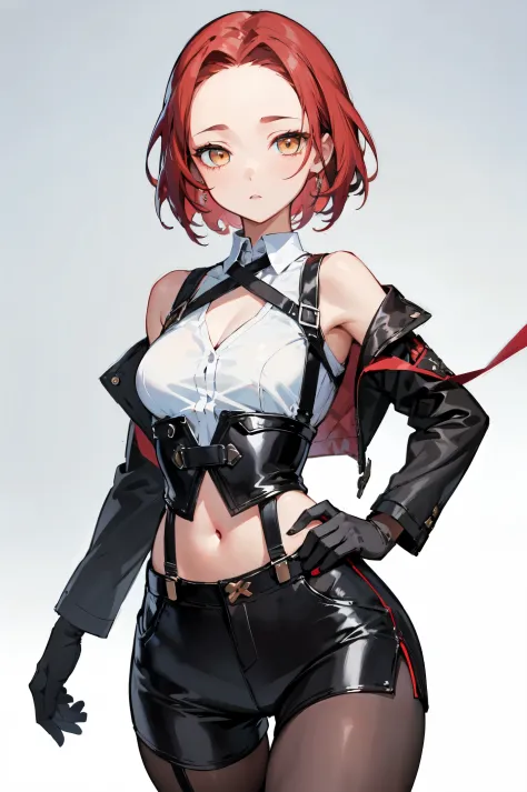 1girl, young woman, solo, short hair, Small  hair, (forehead:1.2), yellow eyes, sharp ocular posture, (scarlet red hair), light ...