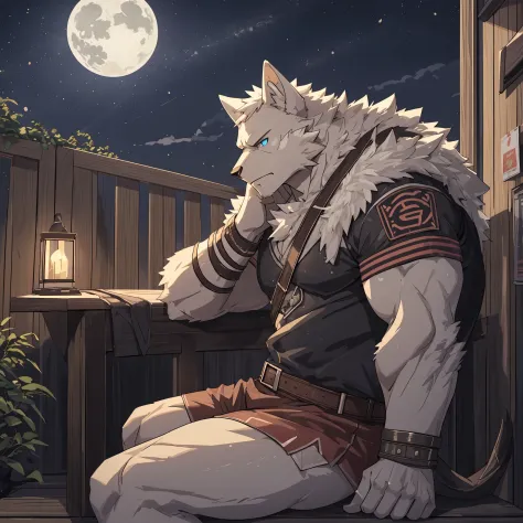 White Wolf Orcs，pure white fur，Strong body，Eyes with black background and blue pupils，Wearing casual clotheackground: night，He is sitting on the rooftop，It&#39;s pitch black all around and there&#39;s no light，He looked very depressed