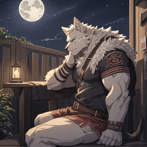 White Wolf Orcs，Pure white fur，Strong body，Eyes with black background and blue pupils，Casual wear background: the night，he is sitting on the roof，tas&#39;It was pitch black all around&#39;There is no light，He looked frustrated