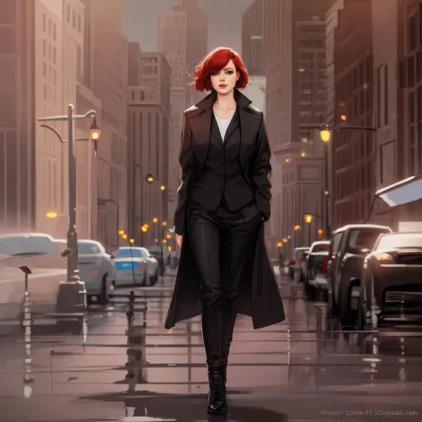 (best quality,4k,8k,highres,masterpiece:1.2),ultra-detailed,(realistic,photorealistic,photo-realistic:1.37),red-haired woman, black outfit, dark brown overcoat, prosthetic arms, green eyes, serious expression, walking towards the camera, full body, short h...