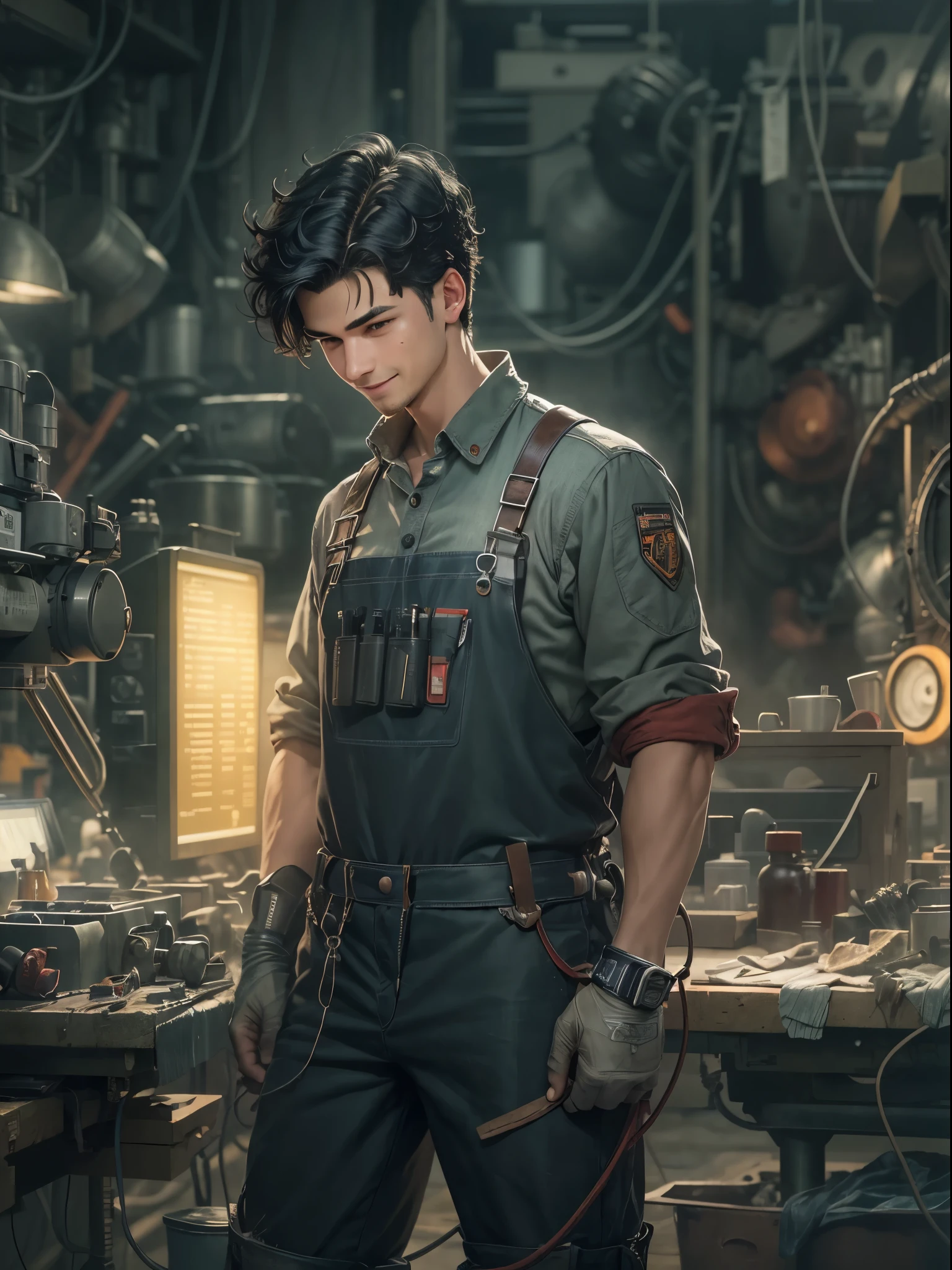 Absurd resolution, high resolution, (masterpiece: 1.4), hyper-detail, young man's messy short black hair, welder dressed up, grinning look, factory high-tech workbench, technology sense screen