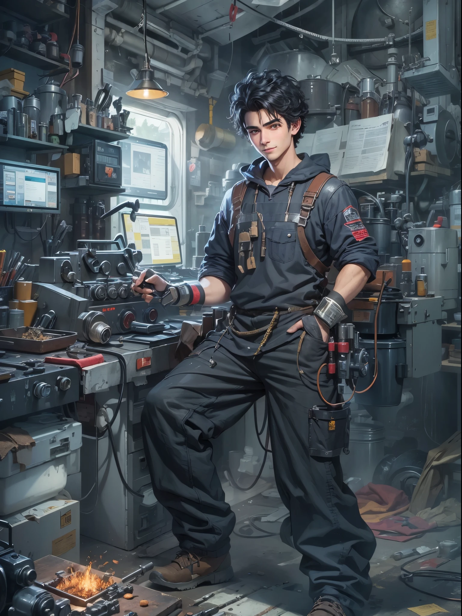 Absurd resolution, high resolution, (masterpiece: 1.4), hyper-detail, young man's messy short black hair, welder dressed up, grinning look, factory high-tech workbench, technology sense screen