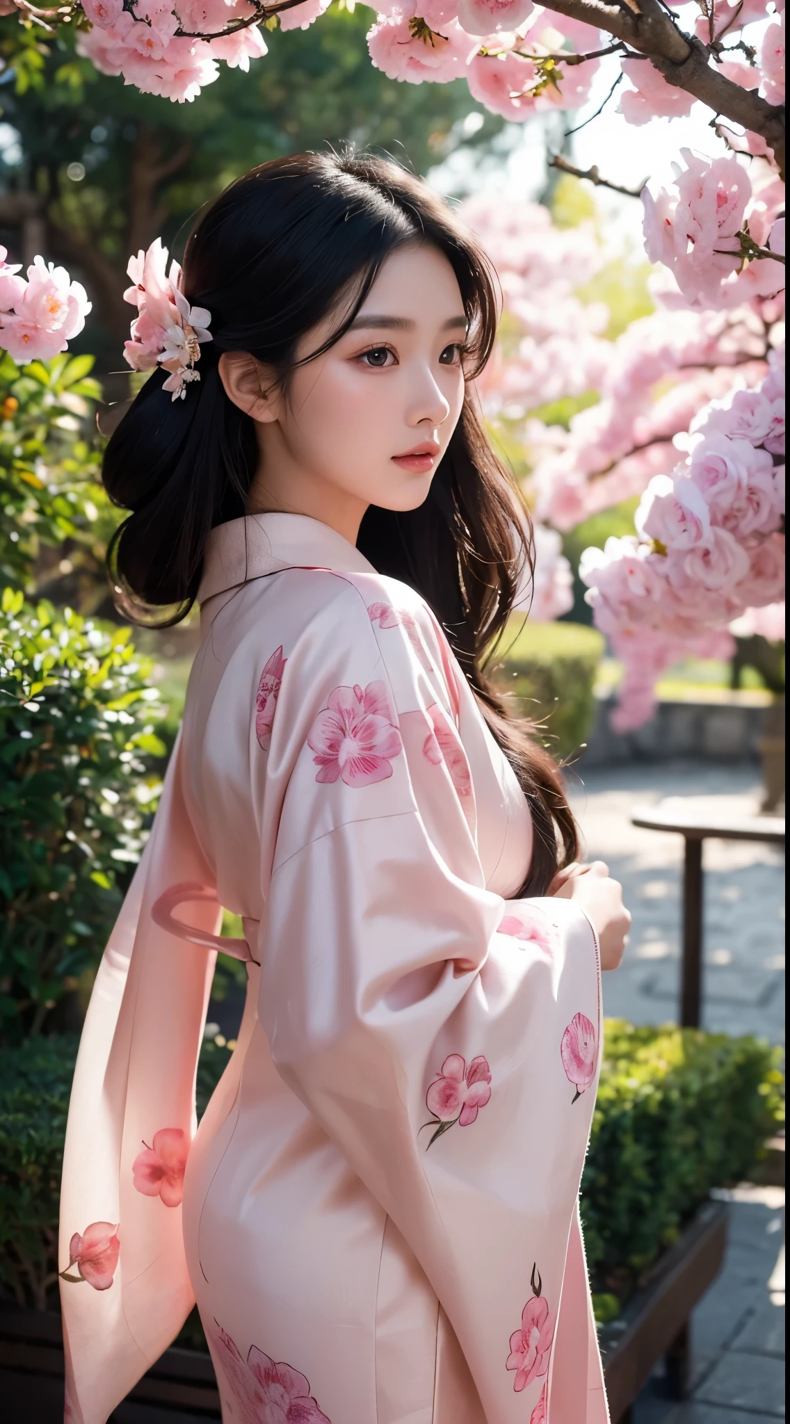 (best quality,ultra-detailed),traditional art,beautiful detailed eyes,beautiful detailed lips,black hair,long hair,kimono,graceful pose,serene expression,backlit,soft sunlight,pink petals,feminine beauty,warm color tone,cultural fusion