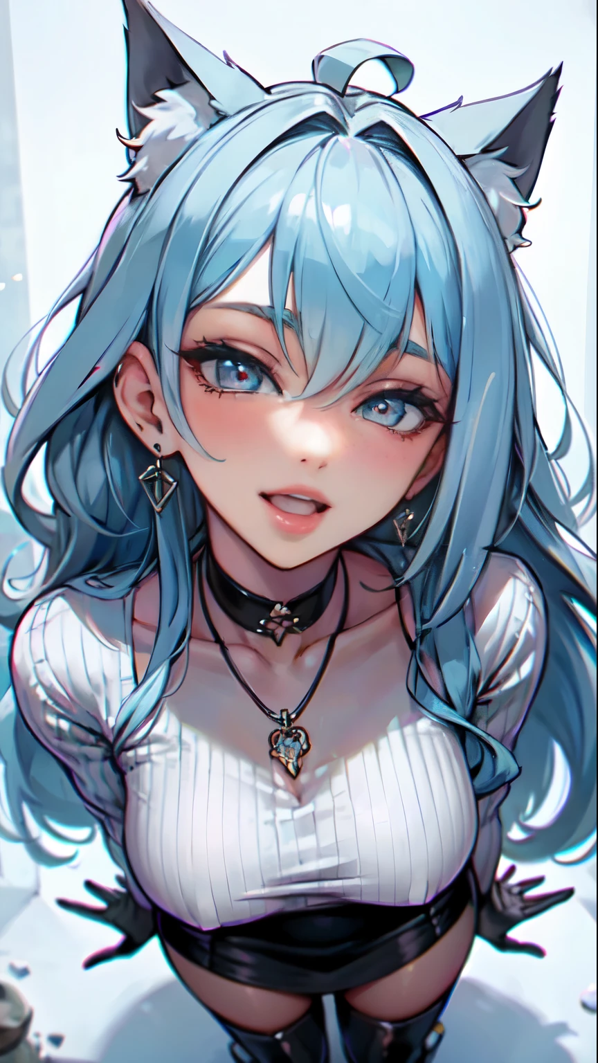 Masterpiece, beautiful art, professional artist, 8k, art style by sciamano240, very detailed face, very detailed hair, very detailed clothes, 1girl, perfectly drawn body, beautiful face, long hair, light blue hair , very detailed blue vertical cat eyes, square glasses, pouty lips , rosey cheeks, intricate details in eyes, extreme close up of face, see only head and neck, staring directly at viewer, wearing winter clothes, sweater, winter coat, necklace, choker, earrings, gloves, pencil skirt, black tigh boots, some freckles, big wide grin, in love with the viewer expression, sunny winter setting, walking outside, pov mouth open and tongue out,