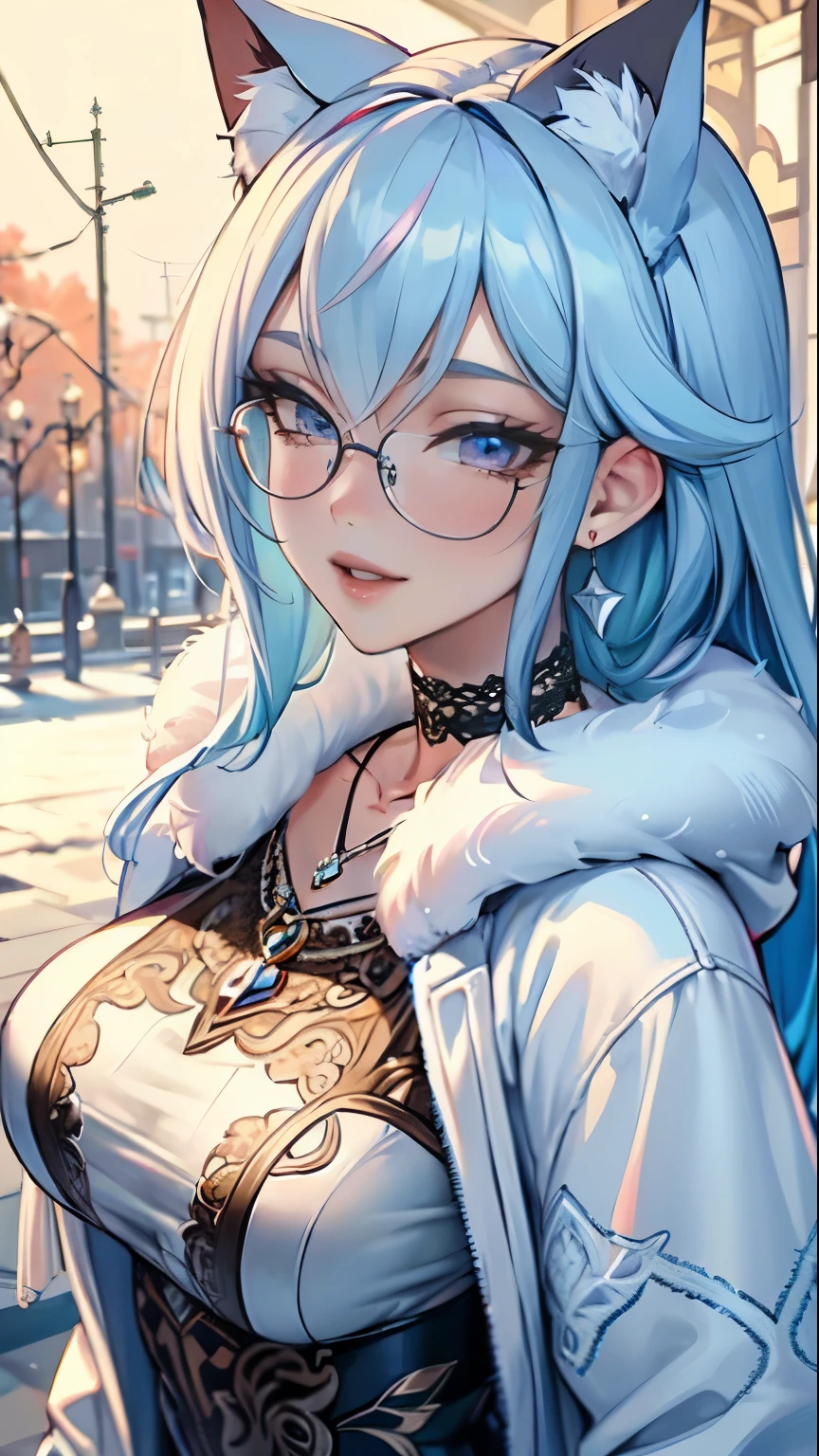 Chica anime con cabello azul y gafas de pie en la nieve. - SeaArt AI