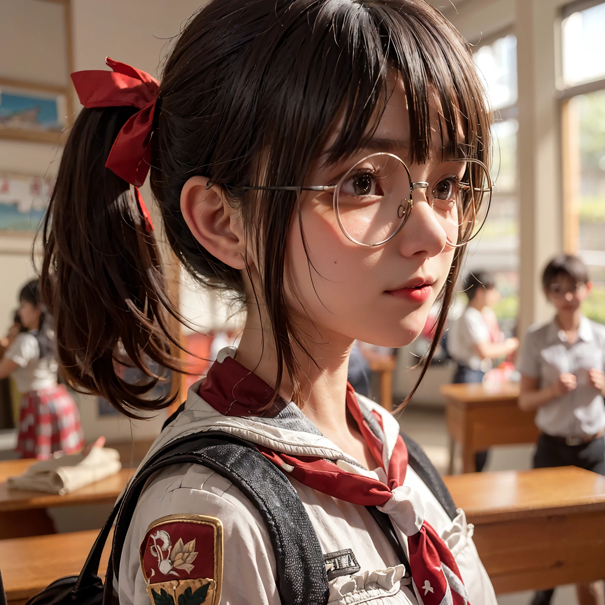 Side, Indonesian girl 13 year old, gigantic breast, short ponytail hair style, round face, detailed face, shiny glasses, wearing Scout outfit, red white tie, brown mini skirt , pantyhose, shoes school, uniform embroidered brown name tag "Vivi " wearing black school bag , standing in classroom, hyperdetail, 8k, masterpiece, lens glare, sharp eyes, masterpiece, best quality:1.2),,(8k,highres,RAW photo,realistic,photo-realistic:1.3),(detailed skin texture,detailed cloth texture,beautiful detailed face:1.25),professional lighting,photon mapping,beautiful soft light,radiosity,physically-based rendering,raytracing, model shoot style, model shoot style, (extremely detailed CG unity 8k wallpaper), full shot body photo of the most beautiful artwork in the world,