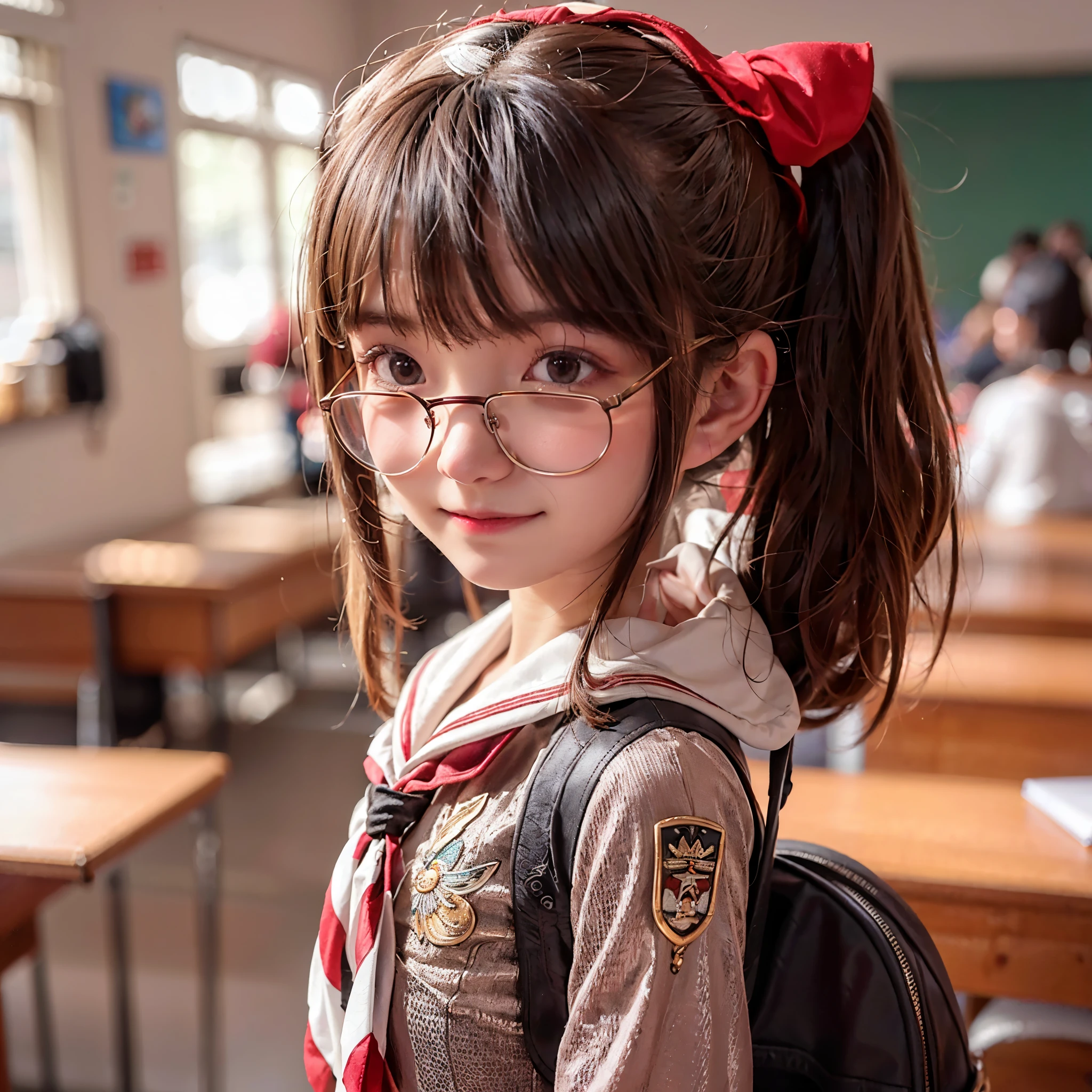 Side, Indonesian girl 13 year old, gigantic breast, short ponytail hair style, round face, detailed face, shiny glasses, wearing Scout outfit, red white tie, brown mini skirt , pantyhose, shoes school, uniform embroidered brown name tag "Vivi " wearing black school bag , standing in classroom, hyperdetail, 8k, masterpiece, lens glare, sharp eyes, masterpiece, best quality:1.2),,(8k,highres,RAW photo,realistic,photo-realistic:1.3),(detailed skin texture,detailed cloth texture,beautiful detailed face:1.25),professional lighting,photon mapping,beautiful soft light,radiosity,physically-based rendering,raytracing, model shoot style, model shoot style, (extremely detailed CG unity 8k wallpaper), full shot body photo of the most beautiful artwork in the world,