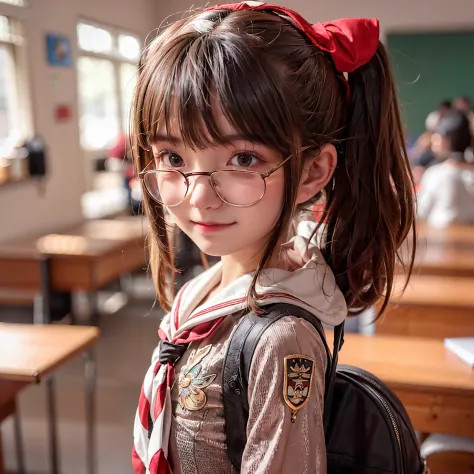 Side, Indonesian girl 13 year old, gigantic breast, short ponytail hair style, round face, detailed face, shiny glasses, wearing...