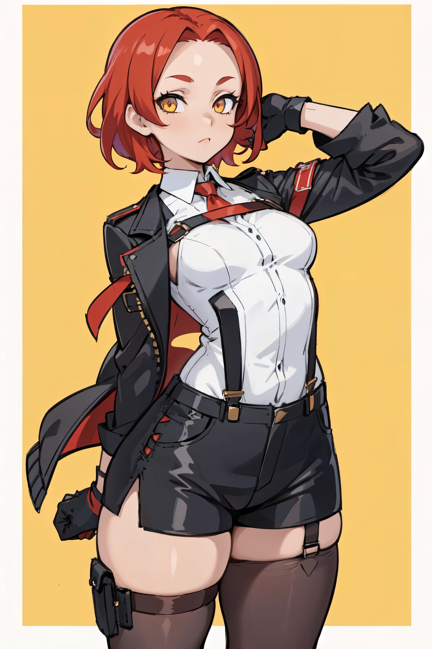 1girl, young woman, solo, short hair, Small  hair, (forehead:1.2), yellow eyes, sharp ocular posture, (scarlet red hair), light brown skin tone, Athletic, muscular, medium breasts, (cropped jacket, black jacket), white shirt, collared shirt, (chest harness, shoulder strap:1.15), black leather shorts, pantyhose 7/8, garter belt, gloves, elegant, looking at viewer, standing, mustard color background, masterpiece, best quality, 4k