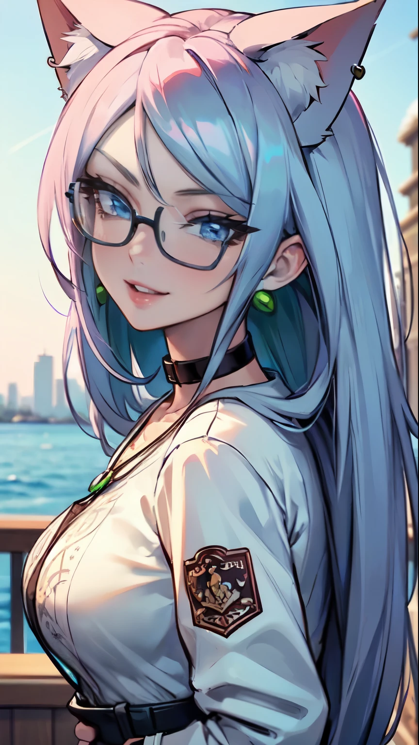 Masterpiece, beautiful art, professional artist, 8k, art style by sciamano240, very detailed face, very detailed hair, very detailed clothes, 1girl, perfectly drawn body, beautiful face, long hair, light blue hair , very detailed blue vertical cat eyes, square glasses, pouty lips , rosey cheeks, intricate details in eyes, extreme close up of face, see only head and neck, staring directly at viewer, wearing team rocket clothes, sweater, winter coat, necklace, choker, earrings, gloves, pencil skirt, black tigh boots, wedding ring, big wide grin, in love with the viewer expression, sunny winter setting, walking outside, side view,