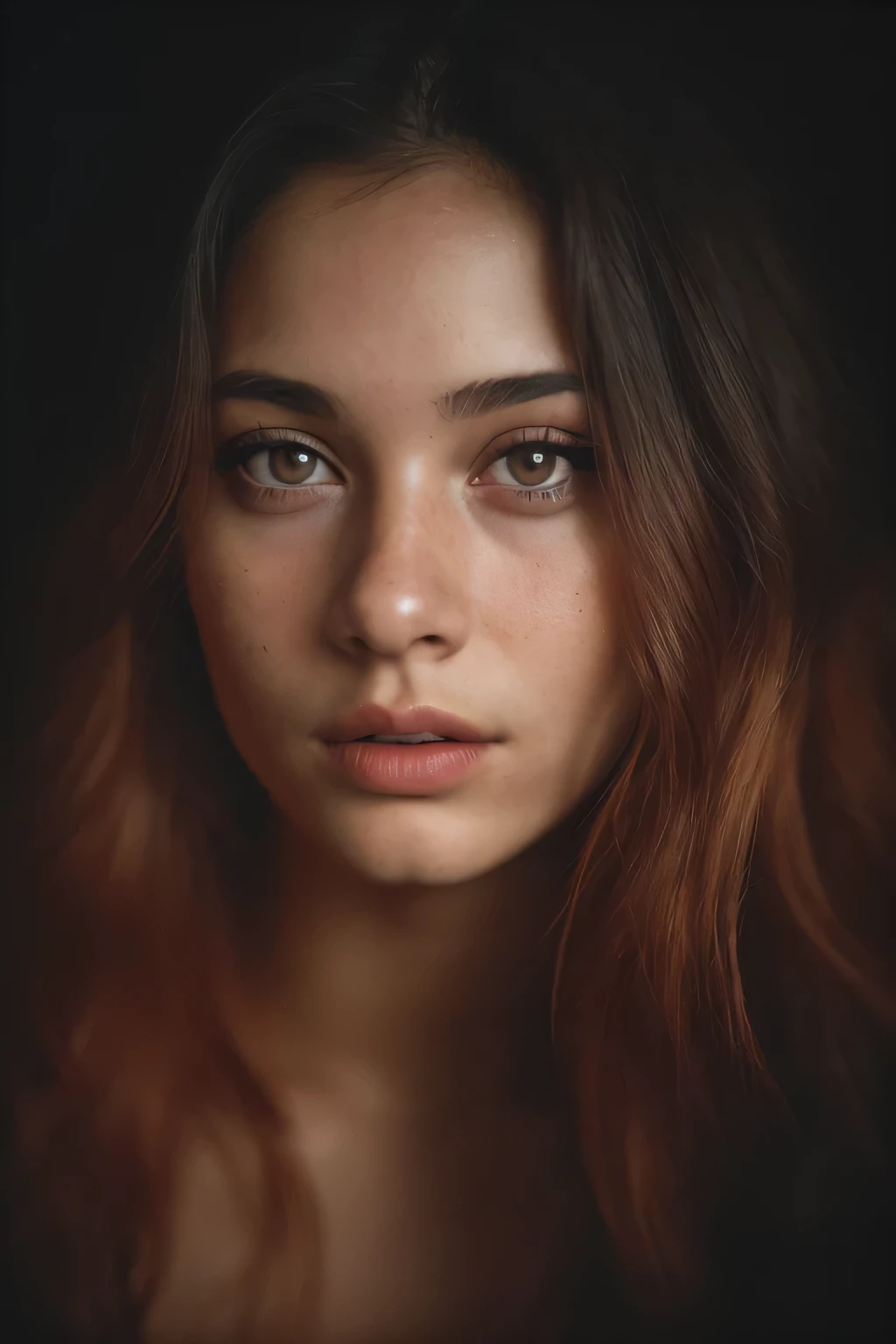 (close-up, editorial photograph of a 21 year old woman), (highly detailed face:1.4) (smile:0.7) (background inside dark, moody, private study:1.OV, by lee jeffries, nikon d850, film stock photograph ,4 kodak portra 400 ,camera f1.6 lens ,rich colors ,hyper realistic ,lifelike texture, dramatic lighting , cinestill 800,