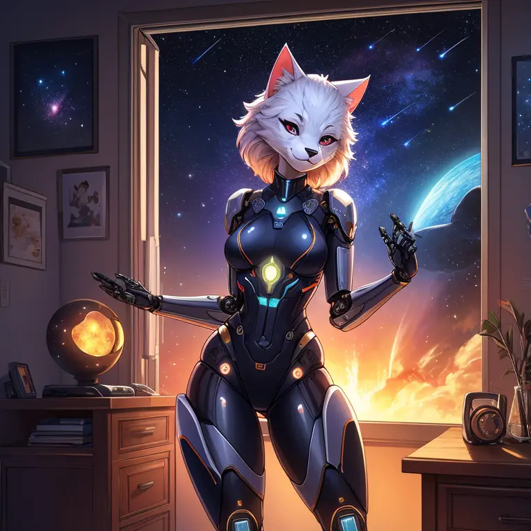 female, furry, metallic, robotic, android, robotic limbs, anthro, feline, cat, no clothes, small breasts, thin body, curved thig...