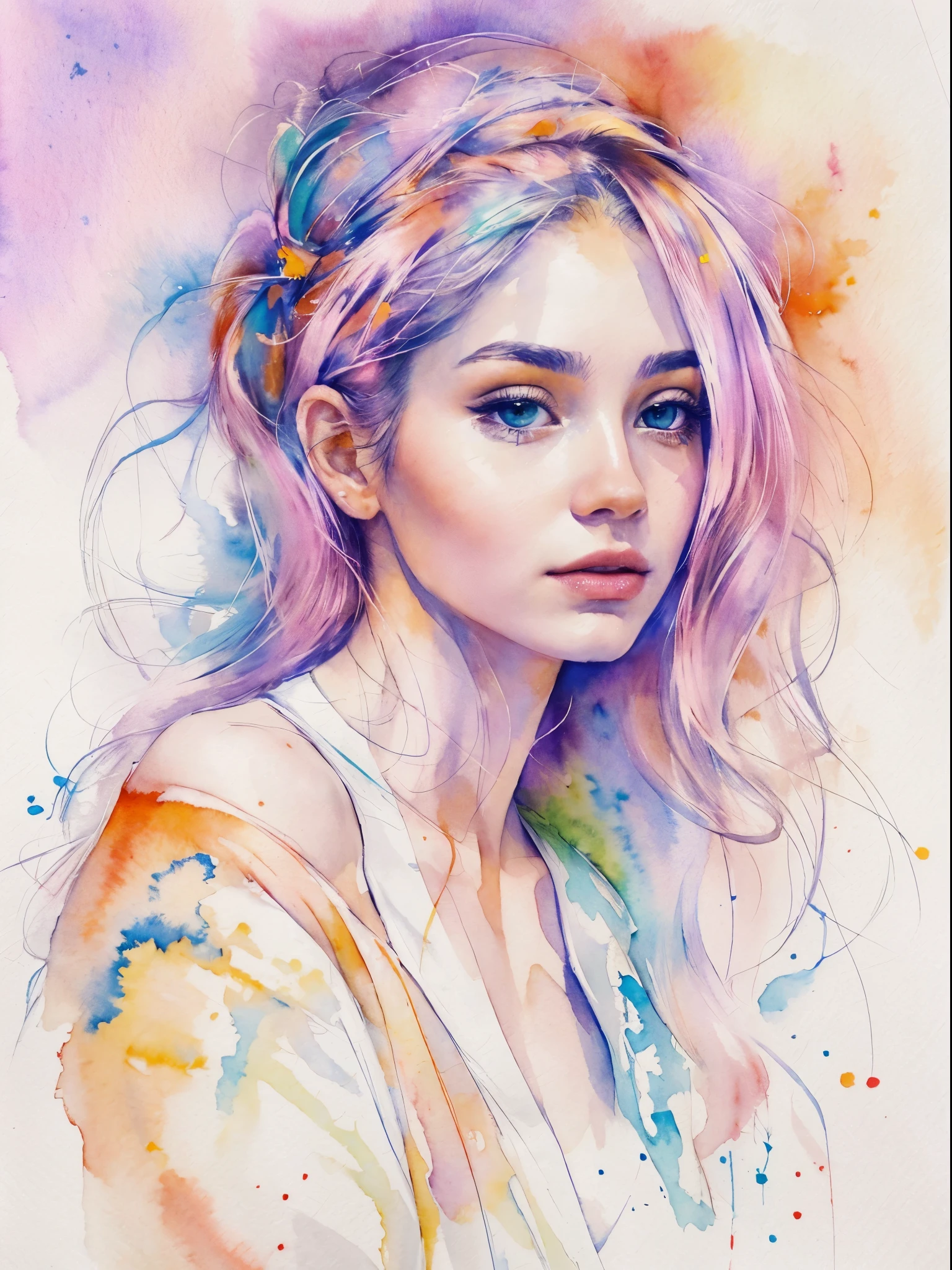 (8k, beste Qualität, Meisterwerk:1.2),(beste Qualität:1.0), (ultra highres:1.0), Aquarell, eine schöne Frau, Schulter, Haarbänder, von Agnes Cecile, Halbkörperporträt, extrem leuchtstarkes Design, Pastellfarben, (ink:1.3), Herbstlichter,