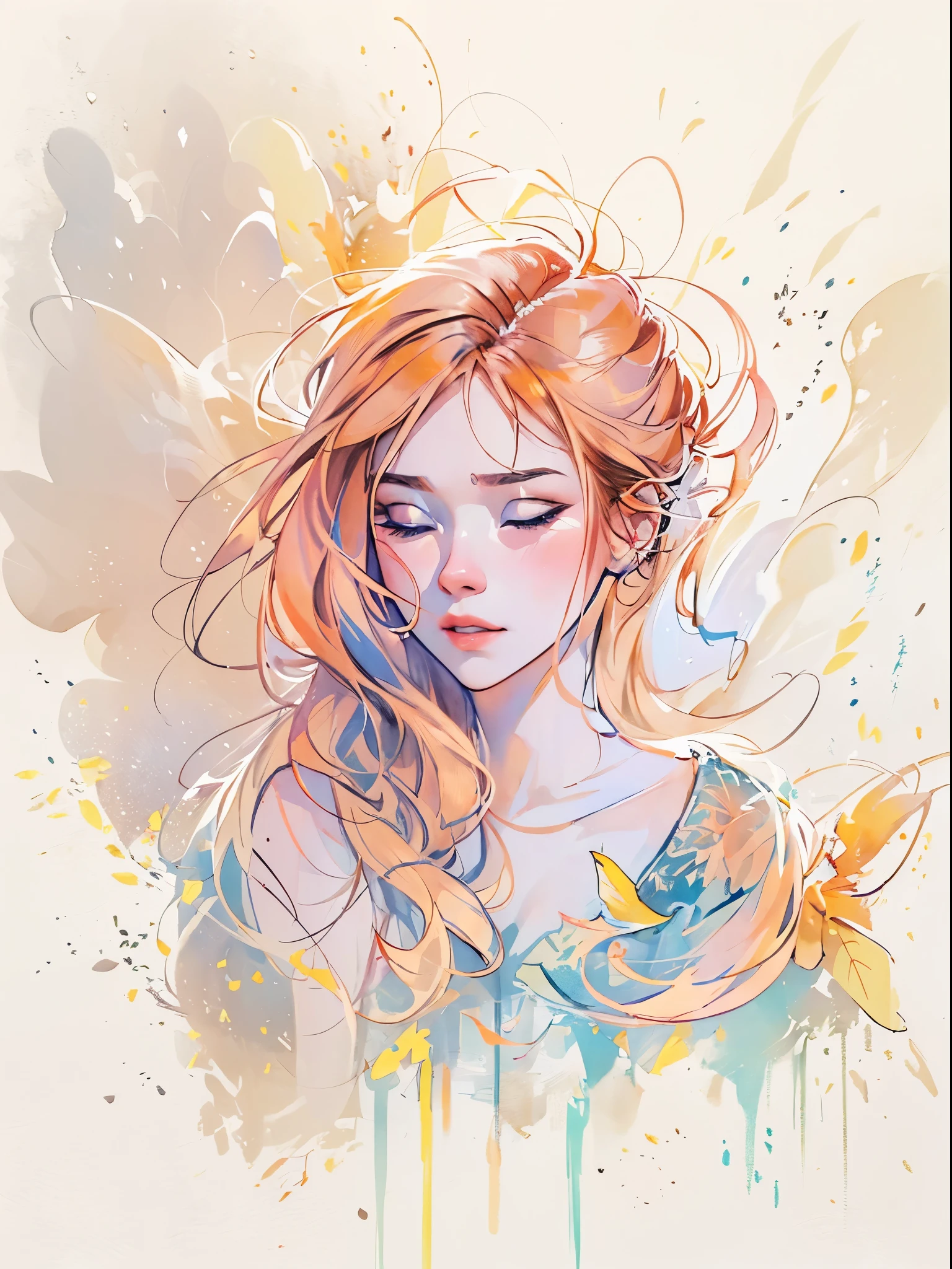 (8k, best quality, masterpiece:1.2),(best quality:1.0), (ultra highres:1.0), watercolor, a beautiful woman, shoulder, hair ribbons, by agnes cecile, half body portrait, extremely luminous bright design, pastel colors, (ink:1.3), autumn lights,