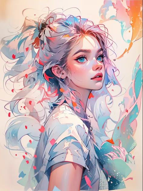 (8k, best quality, masterpiece:1.2),(best quality:1.0), (ultra highres:1.0), watercolor, a beautiful woman, shoulder, hair ribbo...