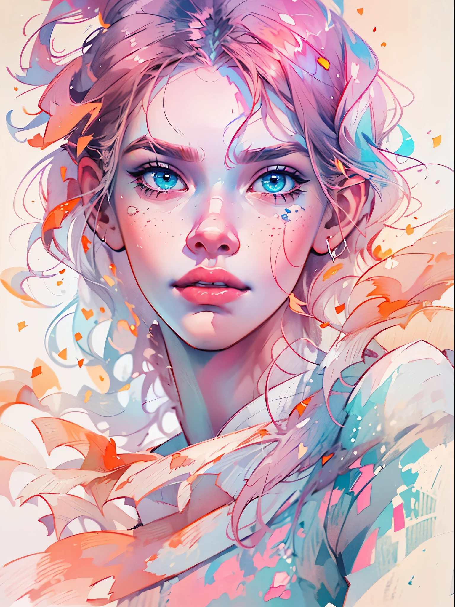 (8k, best quality, masterpiece:1.2),(best quality:1.0), (ultra highres:1.0), watercolor, a beautiful woman, shoulder, hair ribbons, by agnes cecile, portrait, extremely luminous bright design, pastel colors, (ink:1.3), autumn lights,