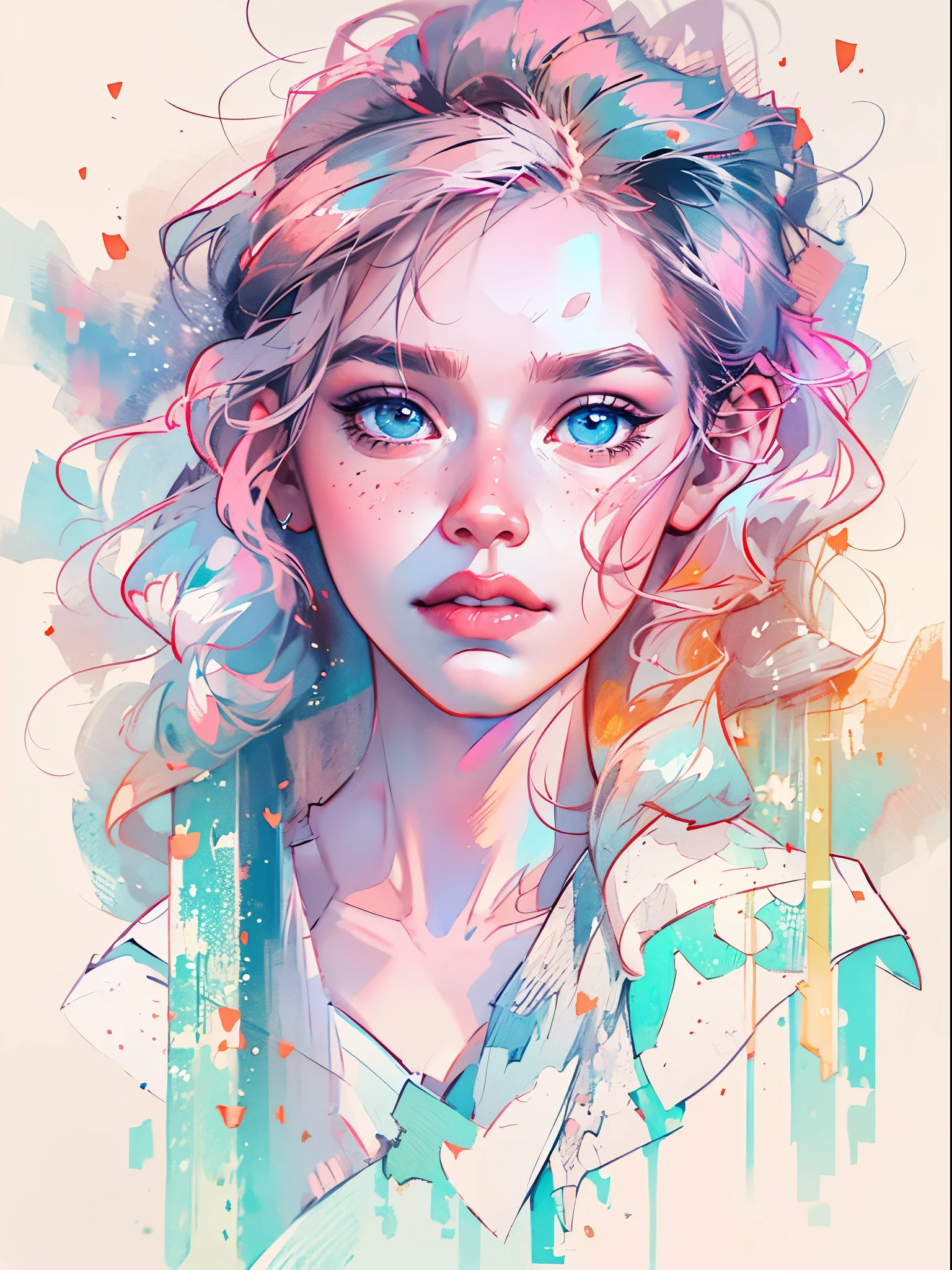 (8k, best quality, masterpiece:1.2),(best quality:1.0), (ultra highres:1.0), watercolor, a beautiful woman, shoulder, hair ribbons, by agnes cecile, portrait, extremely luminous bright design, pastel colors, (ink:1.3), autumn lights,