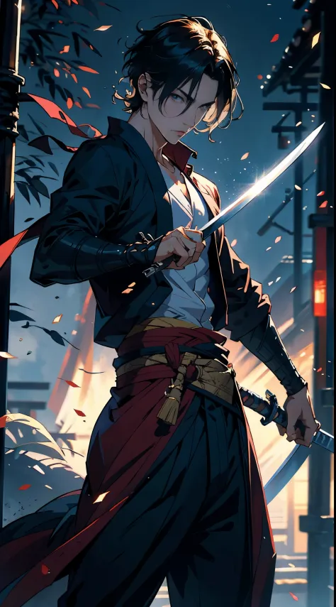 swordman, 1 man, short hair, action pose, kimono, cutting bamboo,