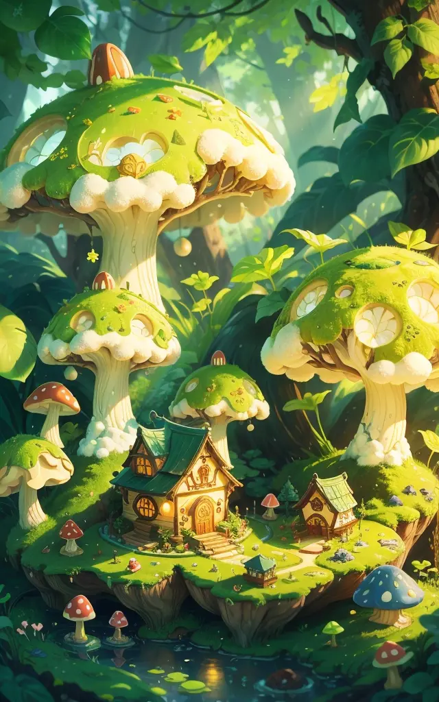 world in a bottle，baiyun，snow mountains，at a forest，a fairyland-like hideaway，colorful mushroom house，a fairy world