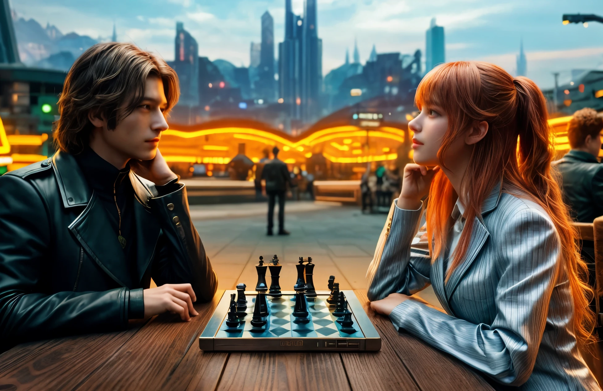 there are two people that are playing chess in a futuristic city, still from a fantasy movie, still from a live action movie, still image from the movie, chess game, steampunk fantasy, new cats movie, 4k still, set in a steampunk world, futuristic cyberpunk city vista, very far royal cyberpunk city, 4k movie still, 4 k movie still, 4 k post, vivid colors, bioluminescence, complex background, neon, ceybernetics