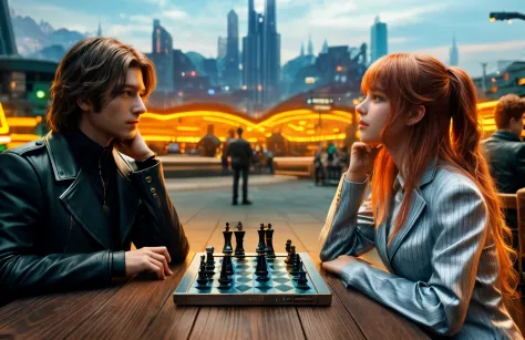 there are two people that are playing chess in a futuristic city, still from a fantasy movie, still from a live action movie, st...