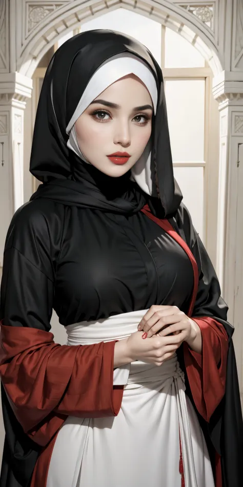Extremely beautiful white Arab woman, well-defined and expressive dark eyes, dressed in red hijab, black abaya and black niqab w...