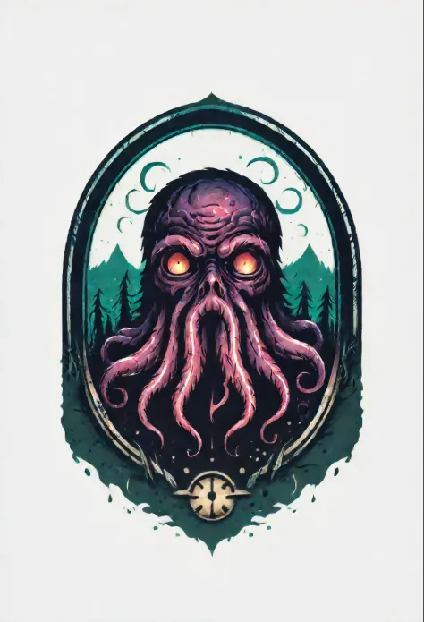Lovecraftian horror logo design,t shirt design,beefy style,design only,white background,no model,professional,high contrast,high-res,ultra-detailed,vivid colors,metallic accents,sharp focus,edgy,dynamic composition,gritty texture,rough brush strokes,mechan...
