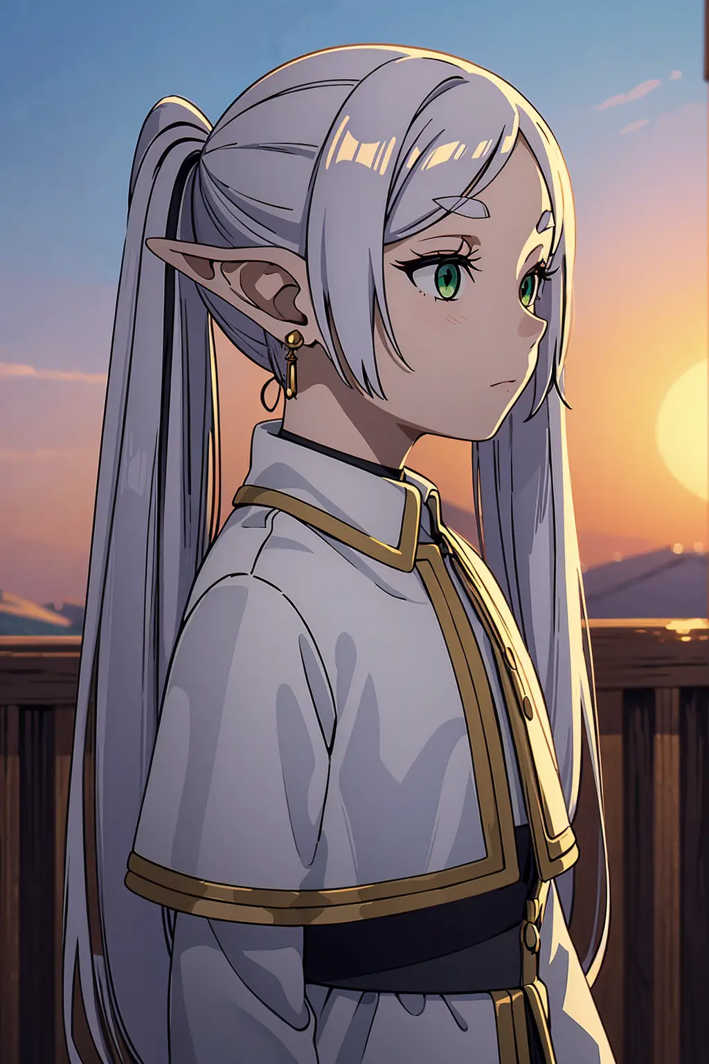 masterpiece, ultra high quality, high defition, high detail, 4K, 8K, 1girl, frieren, expressionless, grey hair, earrings, pointy...