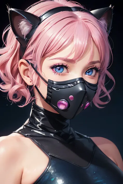 (close up, woman with cute face mask, filtered mask:1.1, sci-fi like mask:1.1, curly short pink hair, black cat ears:1.1, very d...