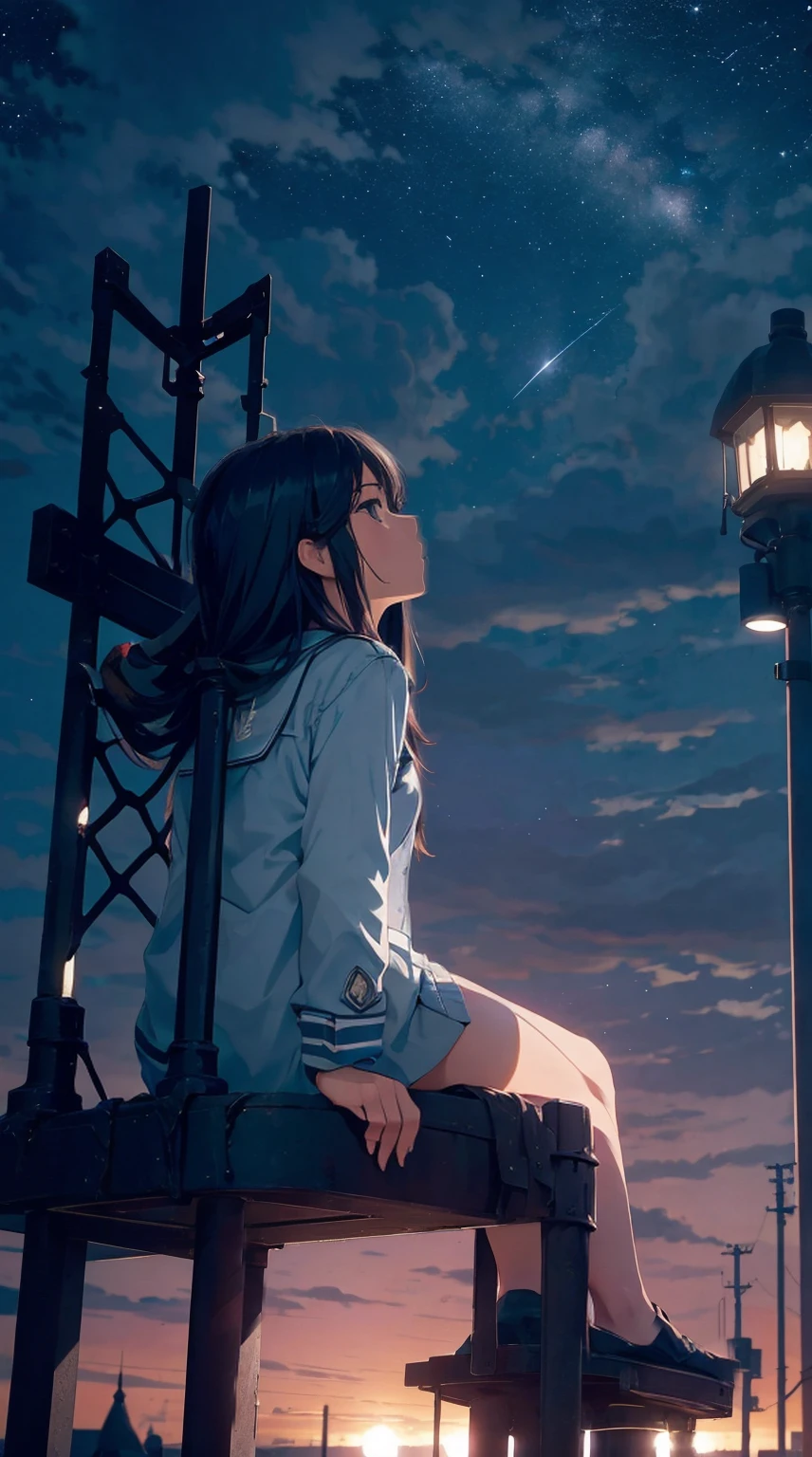 octans, sky, star (sky), scenery, starry sky, night, 1girl, night sky, solo, outdoors, building, cloud, milky way, sitting, tree, long hair, city, silhouette, cityscape