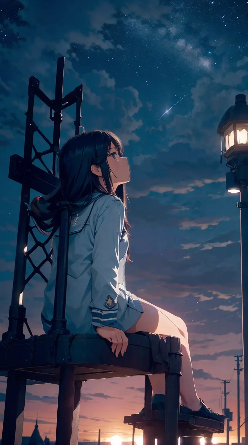 octans, sky, star (sky), scenery, starry sky, night, 1girl, night sky, solo, outdoors, building, cloud, milky way, sitting, tree...