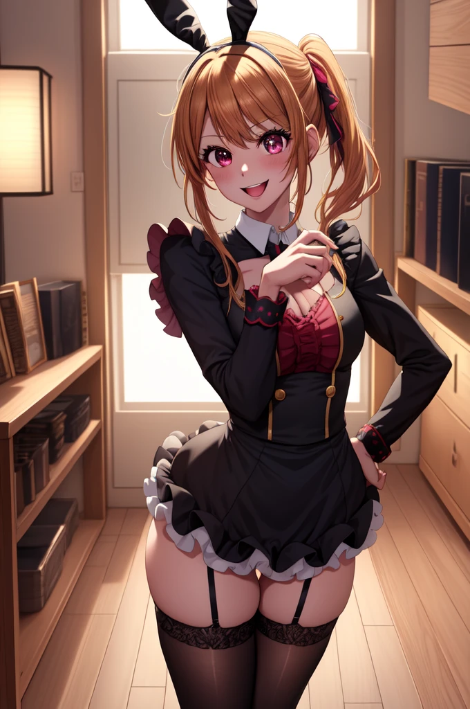 anime, beautiful face, highly detailed face, 2 accurate legs detailed eyes, highly detailed background, perfect lighting, accurate arms, accurate hands, accurate fingers, full body, 1girl, solo, ruby hoshino, oshi no ko, indoors, heels, thighhighs, garter stockings, indoors, absurdres, high res, ultrasharp, 8K, masterpiece, smiling with compassion, open mouth smile, bunny ears hair accessories, black sexy bunny outfit, revealing bunny outfit, hands on hips, ass view, looking over her shoulders