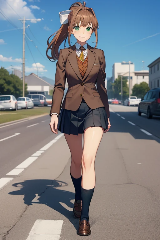 ((full body:1.4)), ((walking:1.4)), ((smile face:1.4)), ddlcmonika, ddlcmonika, blunt bangs, brown hair, (green eyes:1.5), long hair, ponytail, ribbon, white ribbon, hair ribbon, sidelocks,
BREAK blue skirt, brown jacket, jacket, long sleeves, pleated skirt, school uniform, shoes, skirt, ((short back socks:1.4)), ((finger on moutch:1.4)),
BREAK looking at viewer,
BREAK outside, park background,
BREAK (masterpiece:1.2), best quality, high resolution, unity 8k wallpaper, (illustration:0.8), (beautiful detailed eyes:1.6), extremely detailed face, perfect lighting, extremely detailed CG, (perfect hands, perfect anatomy), ((brown loafers:1.4)), ((view from down:1.4)), ((sky from bellow:1.4)), ((show white panties:1.4)),