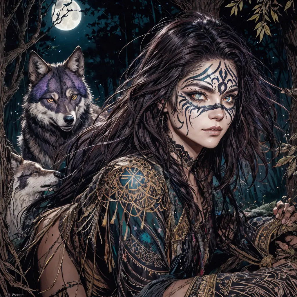 ncient Greek huntress Commanding a wolf pack and ravens, Messy feral hair, glowing wild eyes with glowing face paint. Moonlit fo...