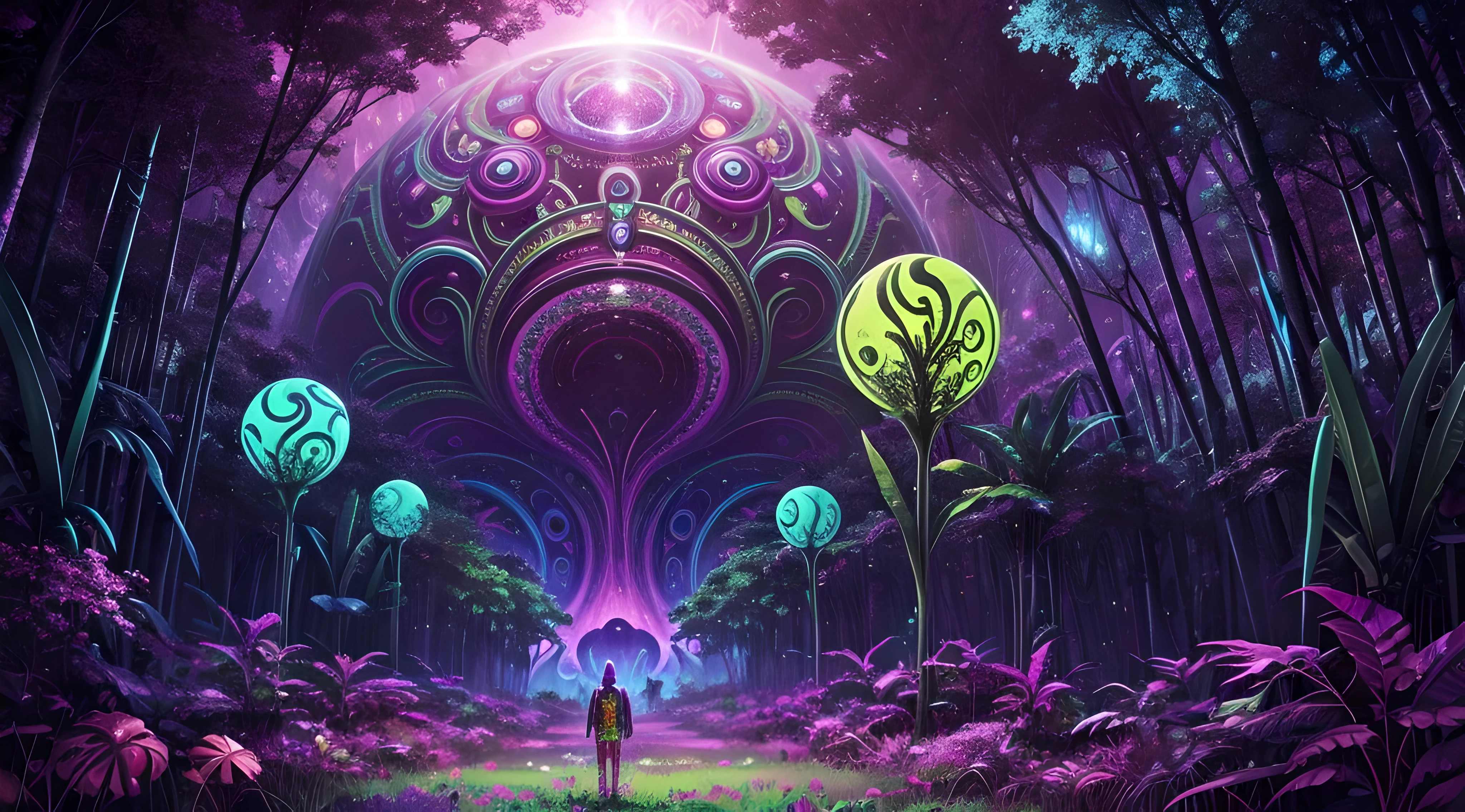 A poster of a psychedelic psychedelic psychedelic psychedelic, extraterrestrial paradise, psychedelic artwork, Arte Trippy, Viagem DMT, psychedelic artwork, psychedelic acid trip, alien forest in background, on a lush fertile alien planet, psychedelic trip, Surreal alien realm, Futuristic psychedelic hippie, while tripping on dmt