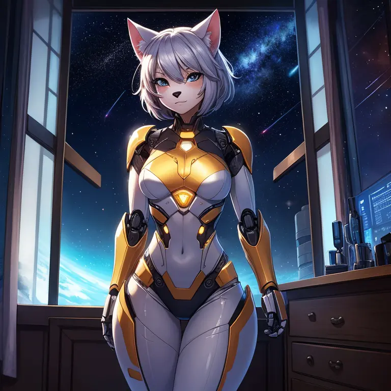 female, furry, anthro, anthromorphic,  metallic, robotic, android, robotic limbs, anthro, feline, cat, no clothes, blue and silv...