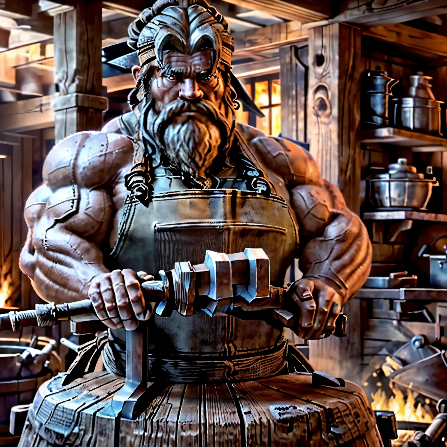 "A detailed 3D rendering capturing the intense focus of a dwarf forging a weapon in an ancient wooden forge. The viewpoint is slightly below, emphasizing the dwarf's concentrated expression as they work on the anvil. The face should be meticulously detailed, showcasing the dirt and sweat earned in the craft. Bright, determined eyes are a key feature. The background encompasses the rustic atmosphere of the old wooden forgery, emphasizing the rich textures and historical ambiance."