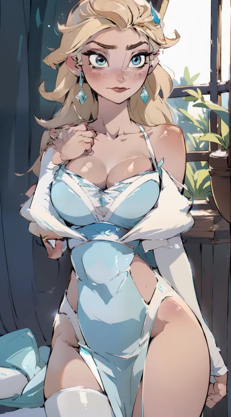 Toon anime styele, 1girl wearing Elsa frozen custom attire lingerie, prominent voluptuos torned body, perfectly almond eyes, detailed pale skin, big huge large breasts, huge cleavage neckline, hyper intricate detailed, amazing sexy , wide hips strong legs ...
