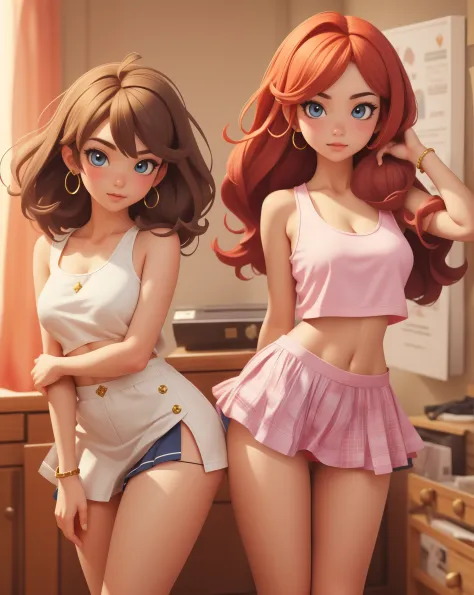 2girls in short skirts, cute cotton panties and tank tops are posing for a picture, extremely detailed artgerm, wlop and sakimic...