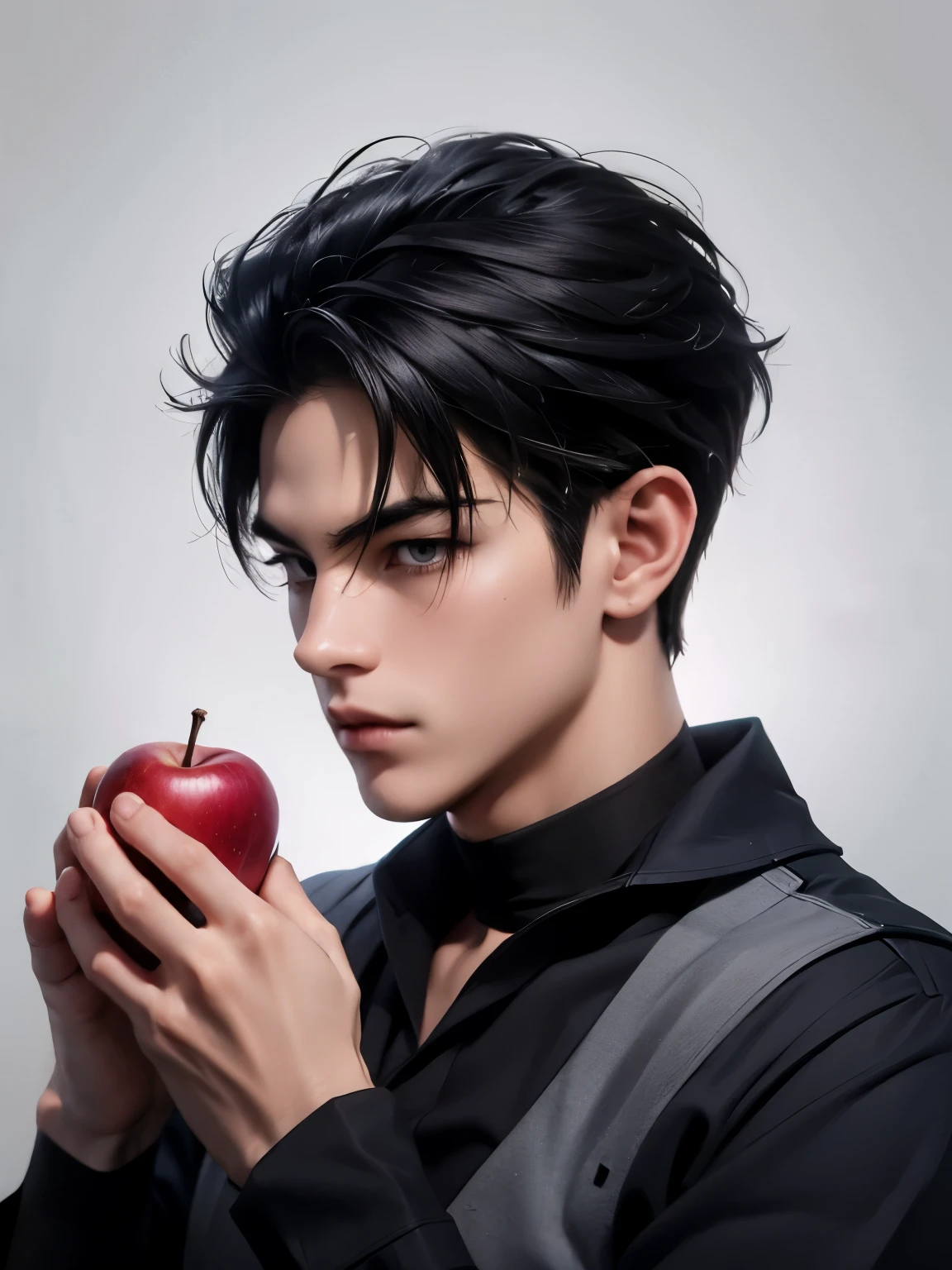 Asian boy with black hair, with a suit on, Tez blanca, dark background in a forest with an apple in his hand