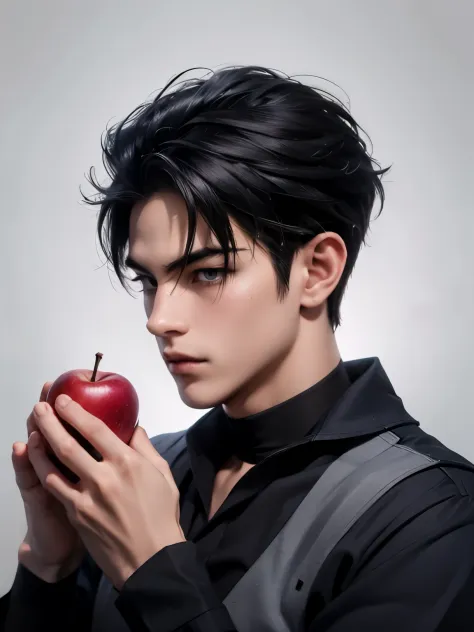 Chico asiatico con el cabello negro, con un terno puestos, tez blanca, fondo obscuro en un boque con una manzana en la mano