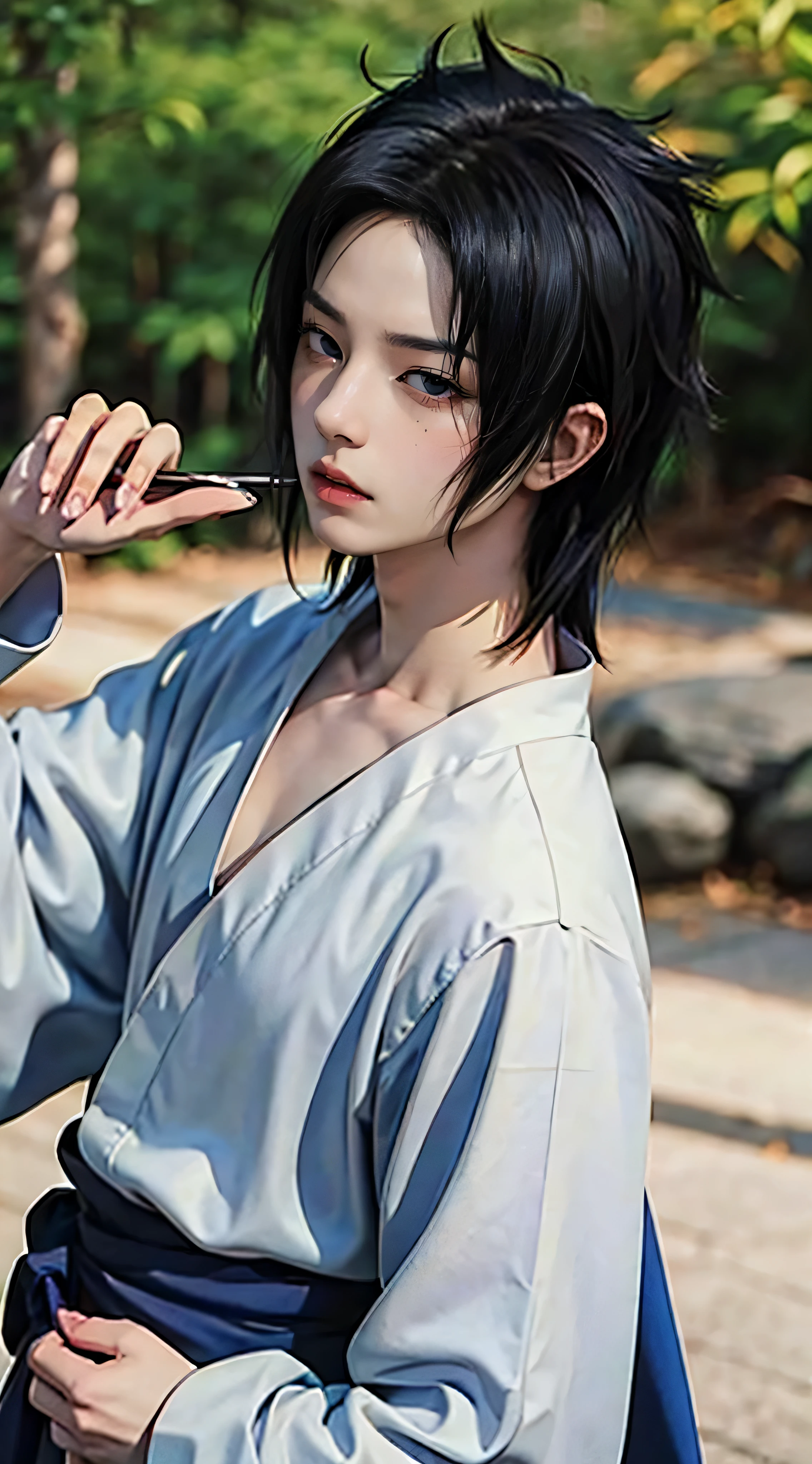 ((4K works))、​masterpiece、（top-quality)、((high-level image quality))、((One Manly Boy))、Slim body、((Uchiha Sasuke's Cosplay))、((uchiha sasuke))、((Cosplay))、(Detailed beautiful eyes)、((Smaller face))、((Neutral face))、((18year old))、((Handsome man))、((photo of a model))、((Like a celebrity))、Professional Photos、((Shot alone))、((shot from a side angle))