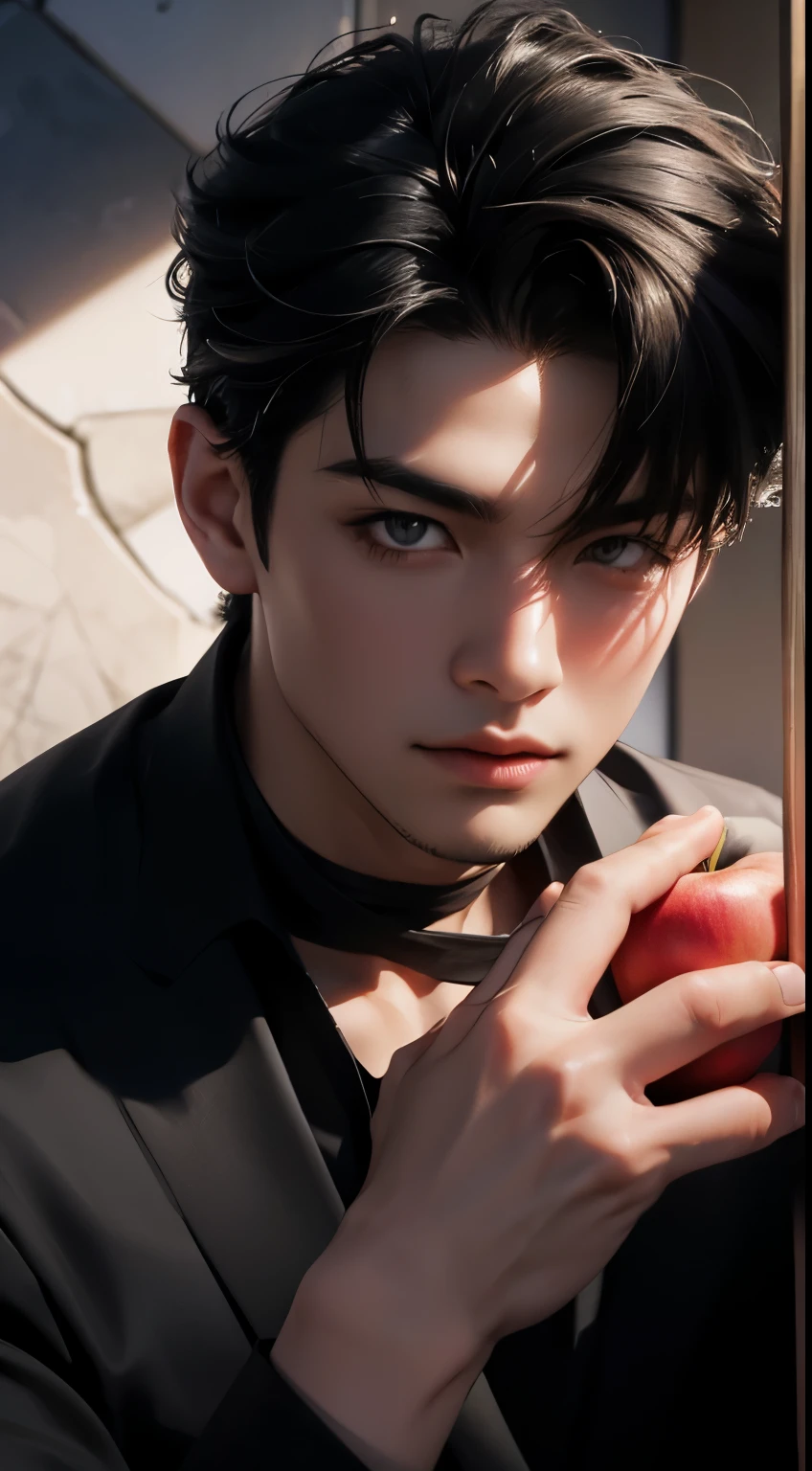 Asiatischer Junge mit schwarzen Haaren, mit Anzug, Das ist Blanca, Dunkler Hintergrund in einem Wald mit einem Apfel in der Hand, sich hinsetzen, (Blick aus der Ferne)